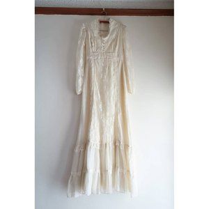 Vintage 70s ethereal boho Gunne Sax cream sheer lace wedding dress sz. XS Small